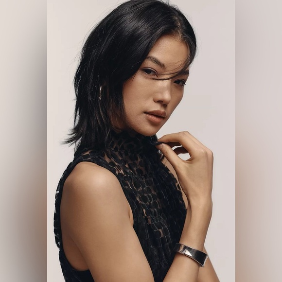 Maeve Smocked High-Neck Tiered Tank Top Black NWT - Picture 2 of 8